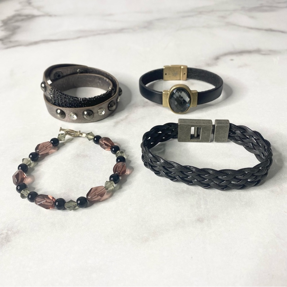 Boho Bracelet Stack Set Black Silver Leather Beaded Layered Bracelets